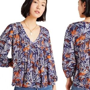 Maeve By Anthropologie Womens Cathy Pleated V Neck Size S Blouse Jungle Bird